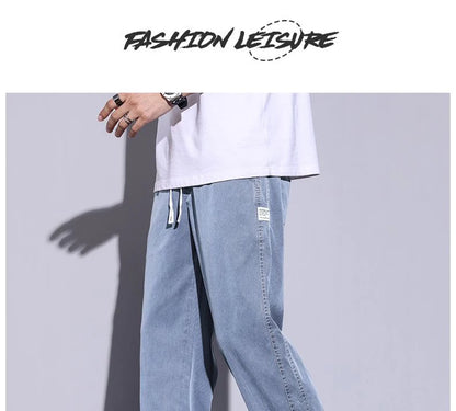 Summer soft Lyocell fabric men's jeans loose straight leg pants drawstring elastic waist Korean casual pants plus size M-5XL
