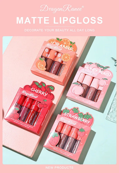 Mini Velvet Matte Lip Gloss Set, 4-Piece Non-Fading, Non-Stick Cup, Long-Lasting Fruit Scented Lip Tint, Smooth and Lightweight