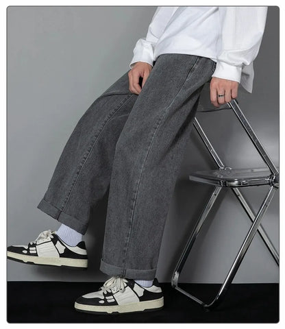 Korean Solid Colors Men's Casual Long Jeans Classic Man Four Seasons Straight Denim Wide-leg Pants Light Blue Grey Black 3XL