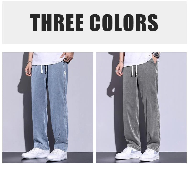 Summer soft Lyocell fabric men's jeans loose straight leg pants drawstring elastic waist Korean casual pants plus size M-5XL