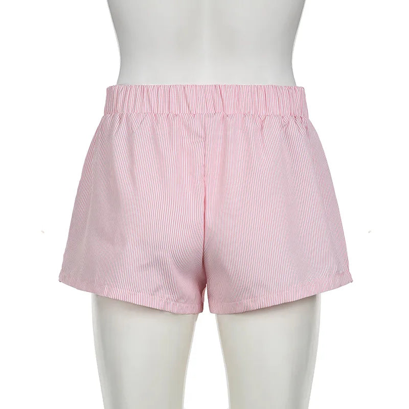 Striped Print Casual Shorts for Women Elastic Waist Fashion Button Bottoms Streetwear Chic Basic Y2K Loose Shorts