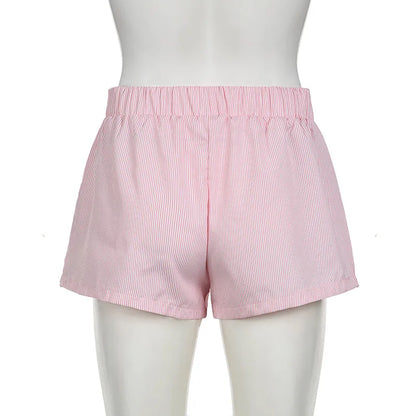 Women's Striped Print Casual Elastic Waist Shorts Y2K Loose Fit Summer Streetwear Chic Basic Fashion Button Detail