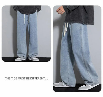 Dragging Streetwear Loose Jeans Men Korean Style Fashion Loose Straight Wide Leg Pant Men's Brand Clothing Black Light Blue Grey