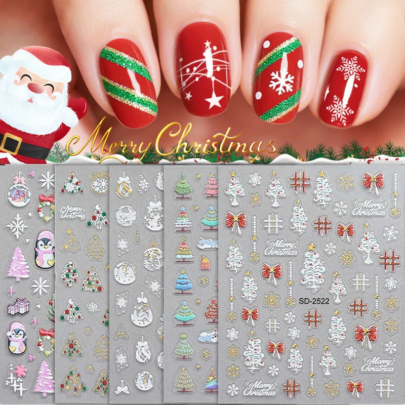 1 Sheet Embossed Snowflakes 5D Nail Stickers Decal Winter Christmas Nail Art Decoration Manicure Butterfly Nail Stickers Design