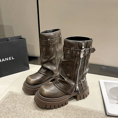 2023 New Shoes for Women Belt Buckle Women's Boots Fashion Side Zipp Modern Boots Women High Quality Round Toe Mid-Calf Zapatos