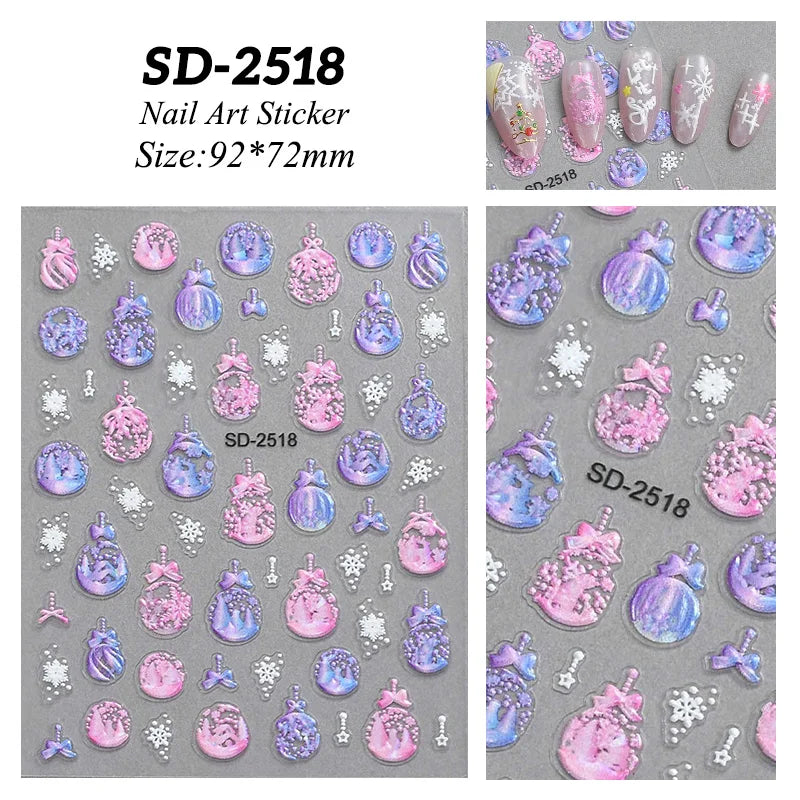 1 Sheet Embossed Snowflakes 5D Nail Stickers Decal Winter Christmas Nail Art Decoration Manicure Butterfly Nail Stickers Design