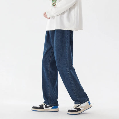 2023 New Korean Fashion Men's Casual Ankle-Length Jeans Classic Man Straight Denim Wide-leg Pants Light Blue Grey Black 3XL