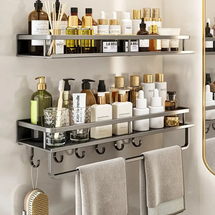 Bathroom storage rack, non perforated washbasin, hand washing and shower area, shower gel wall storage rack