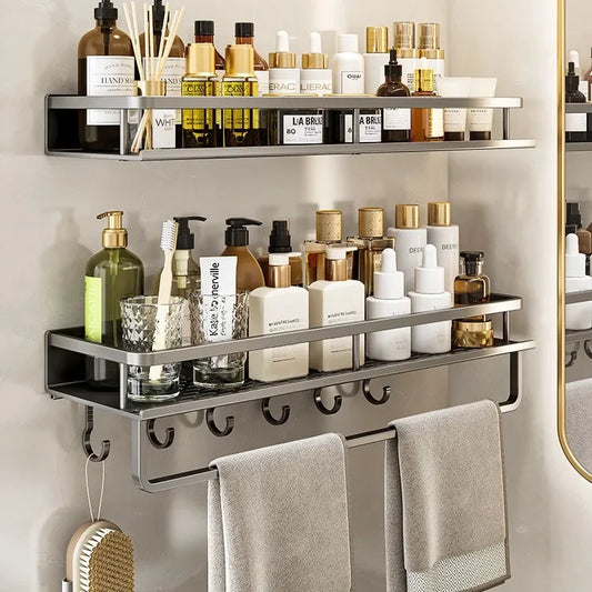 Bathroom storage rack, non perforated washbasin, hand washing and shower area, shower gel wall storage rack