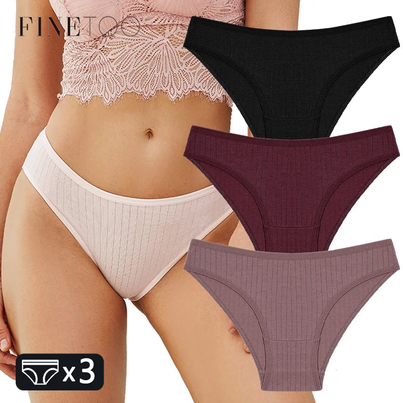 FINETOO 3PCS/SET Women's Cotton Panties Soft Striped Underpants Sexy Solid Color Briefs Female Comfortable Stretch Lingerie M-XL