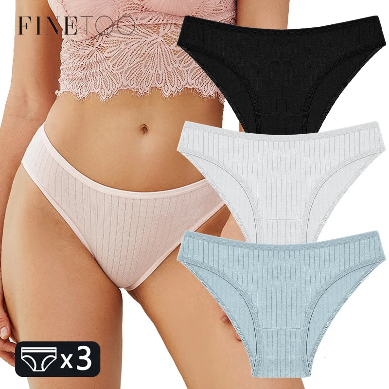 FINETOO 3PCS/SET Women's Cotton Panties Soft Striped Underpants Sexy Solid Color Briefs Female Comfortable Stretch Lingerie M-XL