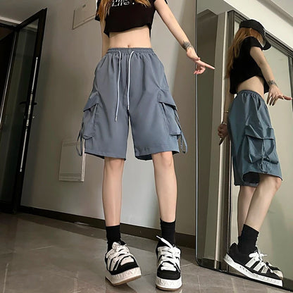 ZOKI Women High Waist Cargo Shorts American Style Streetwear Summer Wide Leg Pants Fashion Female Big Pocket Loose Shorts New
