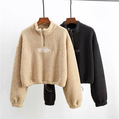 Women Letter Embroidery Stand Neck Fleece Cropped Hoodies Autumn Long Sleeve Drawstring Sweatshirt New Casual Plush Velvet Tops