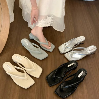 Shoes for Women 2024 New Women's Slippers Summer Square head Thick Soled Women Wedge Beach Shoes Simple Flip-flops Zapatos Mujer