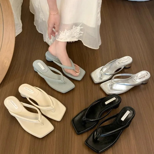 Shoes for Women 2024 New Women's Slippers Summer Square head Thick Soled Women Wedge Beach Shoes Simple Flip-flops Zapatos Mujer