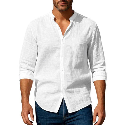 Cotton Linen Shirt for Men Henley Neck Solid Color Lightweight Breathable Slim Fit Single Breasted Shirt Long Sleeve Button Up