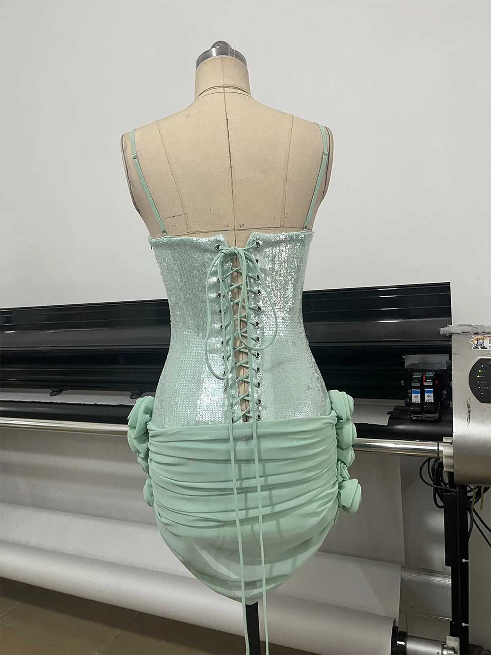 Sequin Sparkly Sexy Mini Dress Sleeveless Backless Tie Up Flower Ruched Prom Dresses Cocktail Evening Gown Wedding Guest Dress