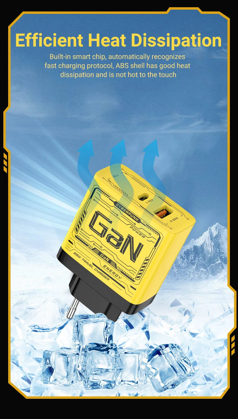 EU/US Plug PD65W GaN Fast Charger with Type-C and USB-A Interface Universal Dual Port Wall Charger Plug for Phones/Pads/Laptops