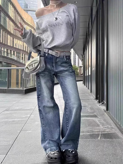 Women Hoodies Autumn Streetwear Off Shoulder Seductive Cropped All-match Sweatshirts Baggy Fashion Print Design Aesthetic Casual