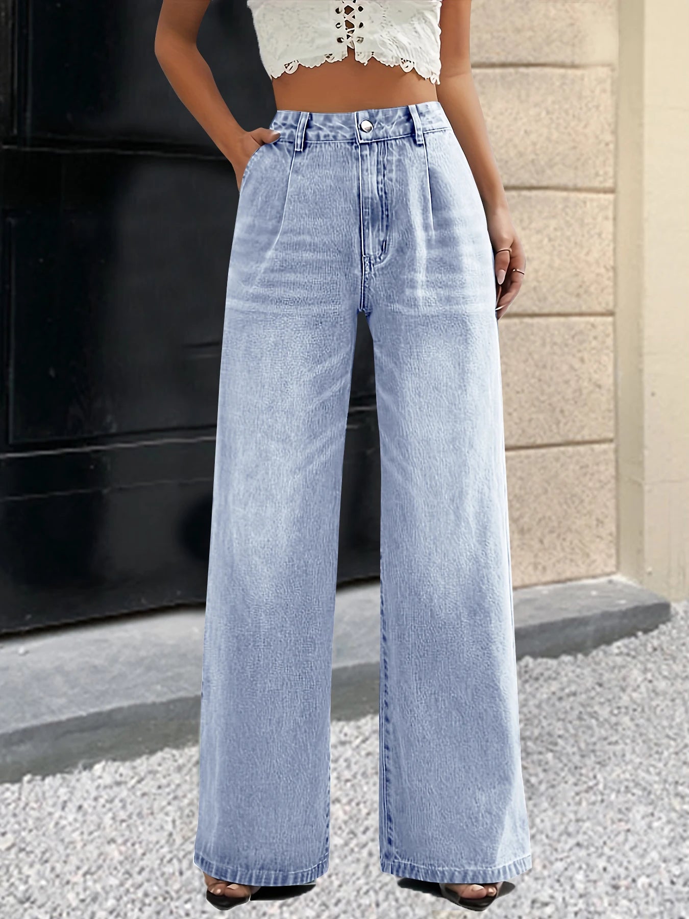 New women's cross-border European and American style solid color jeans women's straight wide leg pants casual all-match