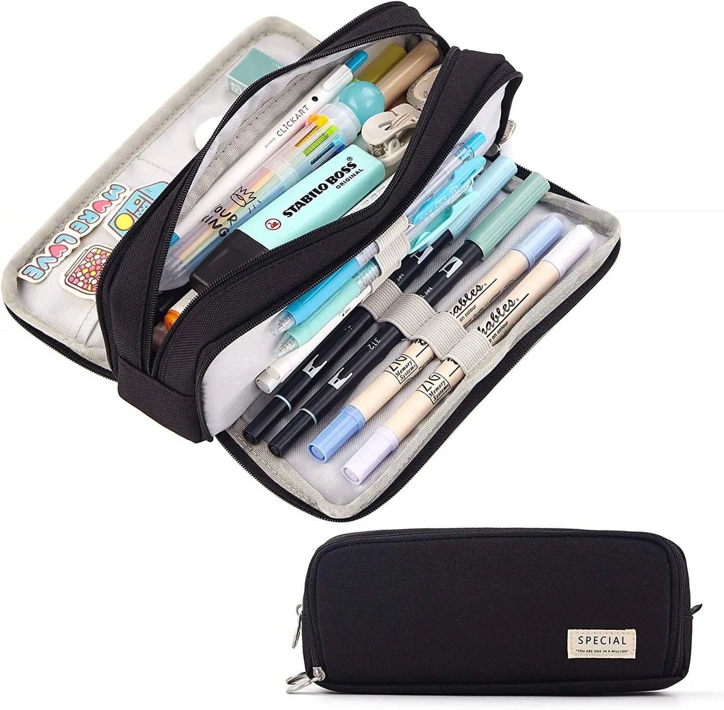 Kawaii Large Capacity Pencil Case 3 Compartment Pouch Pen Bag Double Side Opening Student Stationery Organizer School Supplies