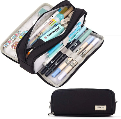 Kawaii Large Capacity Pencil Case 3 Compartment Pouch Pen Bag Double Side Opening Student Stationery Organizer School Supplies