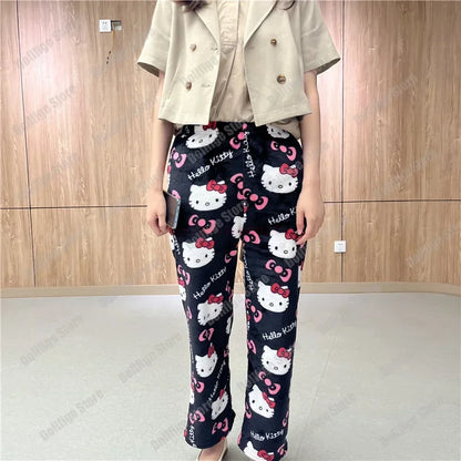 2024 Sanrio Hello Kitty Pajamas Halloween Flannel Fashion Trouserswomen Kawaii Woolen Anime Cartoon Casual Home Pants Autumn