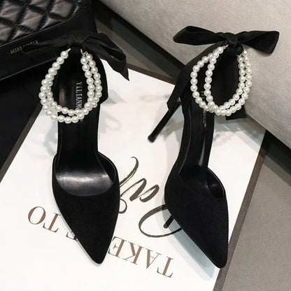 Shoes for Women 2023 Brand Spring Women's Pumps Pointed Toe Solid Flock Beads Bow Tie Buckle Shallow Mouth Novelty High Heels