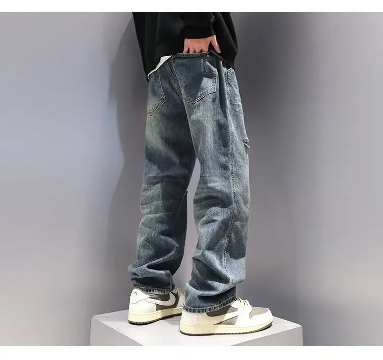 New Men's Ripped Jeans Baggy Straight Fashion Vintage Blue Denim Pants Personality Streetwear Hip Hop High Quality Male Trousers