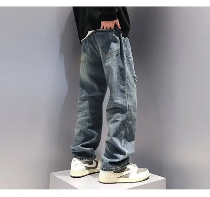 New Men's Ripped Jeans Baggy Straight Fashion Vintage Blue Denim Pants Personality Streetwear Hip Hop High Quality Male Trousers