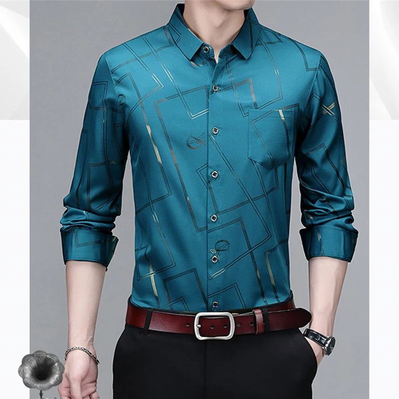Men's Casual and Fashionable Long Sleeved Printed Shirt, Non Ironing and Wrinkle Resistant Business Top