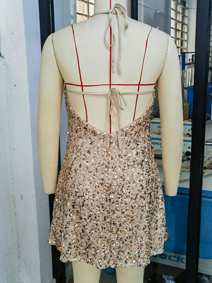 Women Short Dresses Sexy Backless Bodycon Evening dresses Sequin Halter Nightclub Cocktail Birthday Party Welcome Prom Dress XY5