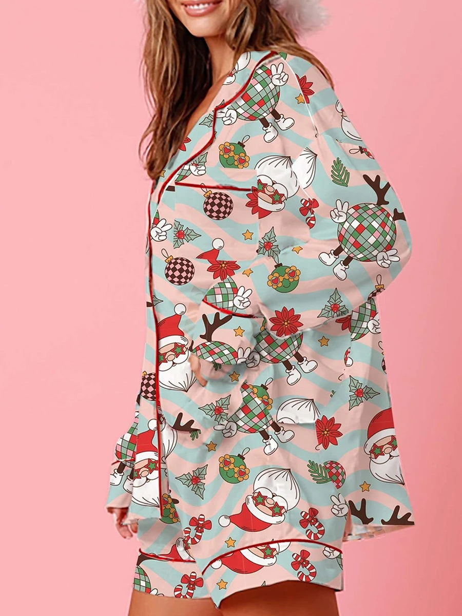 Women s 2 Piece Lounge Set Cozy Reindeer Christmas Tree Print Top and Bottom Pajama Set for Winter Nights