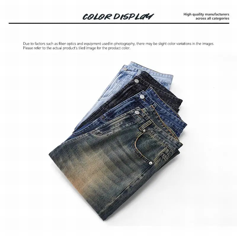 Vintage Distressed Men's Baggy Straight Jeans Spring Autumn Korean High Street Moustache Effect Denim Pants Streetwear Trousers