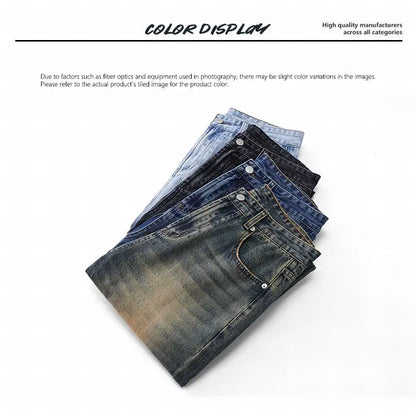 Vintage Distressed Men's Baggy Straight Jeans Spring Autumn Korean High Street Moustache Effect Denim Pants Streetwear Trousers