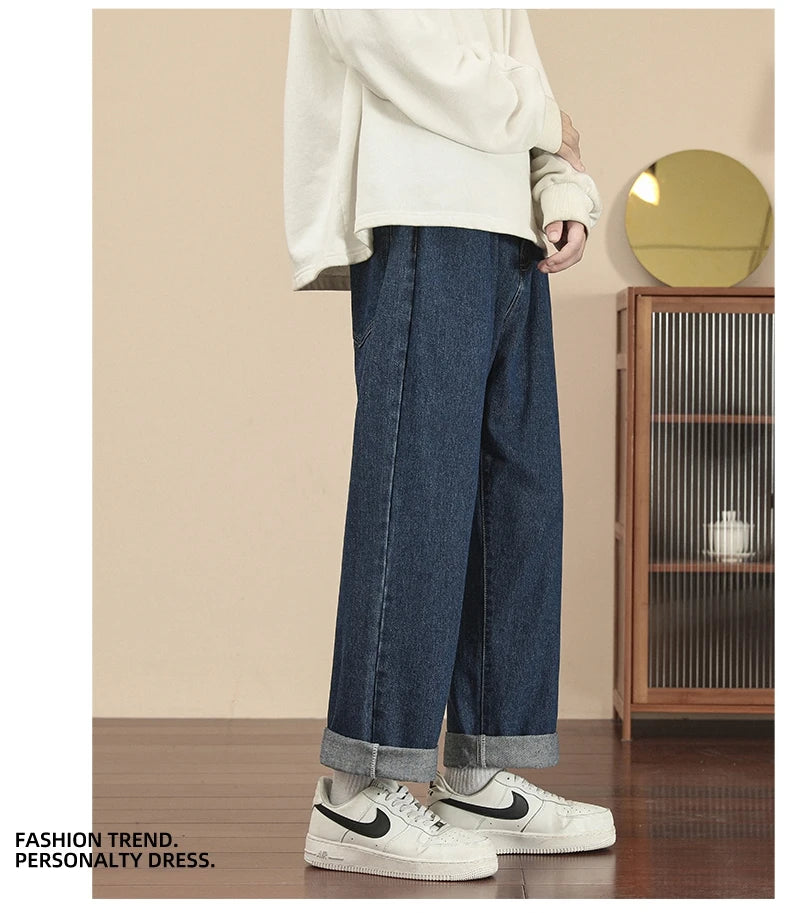 2023 New Korean Fashion Men's Casual Ankle-Length Jeans Classic Man Straight Denim Wide-leg Pants Light Blue Grey Black 3XL