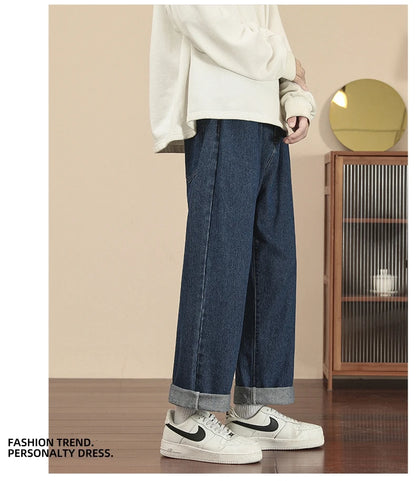 2023 New Korean Fashion Men's Casual Ankle-Length Jeans Classic Man Straight Denim Wide-leg Pants Light Blue Grey Black 3XL