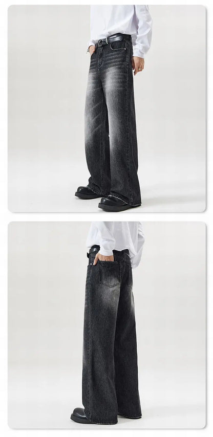 Vintage Distressed Men's Baggy Straight Jeans Spring Autumn Korean High Street Moustache Effect Denim Pants Streetwear Trousers