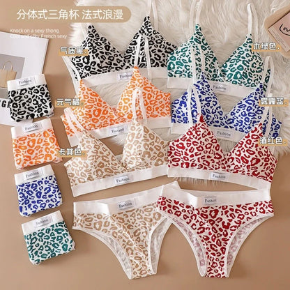 Women Seamless Bra Set Low Waist Panties Leopard Bralette Sexy Lingerie Set Vneck Sport Brassiere Female Cotton Underwear Set