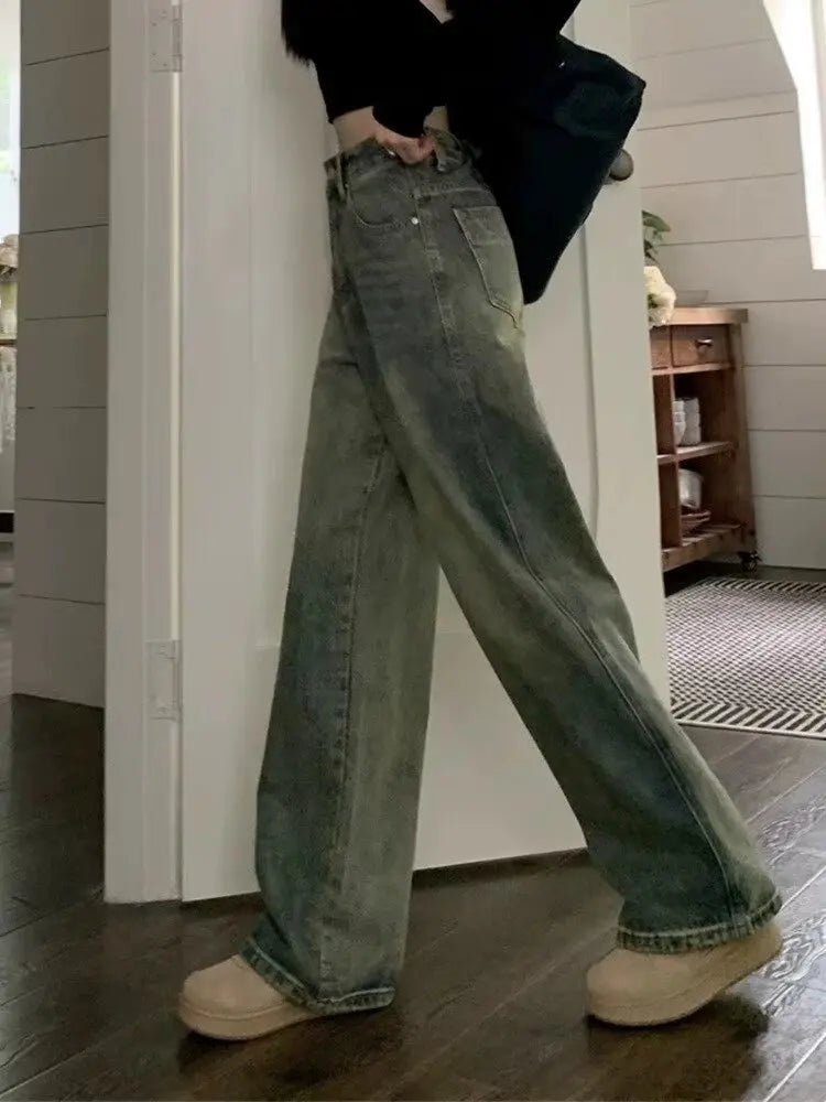 Vintage High-waisted Slimming Jeans American Style Casual Bell Bottoms Versatile Straight-leg Long Pants For Women