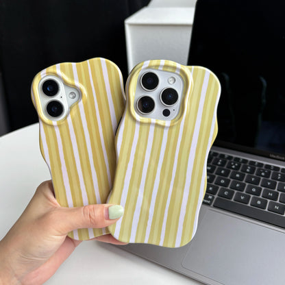 Fashion Simple Green Yellow Stripes Wavy Edges 2-in-1 Glossy Soft Protective Phone Case Cover for iPhone 16 15 14 13 12 Pro Max