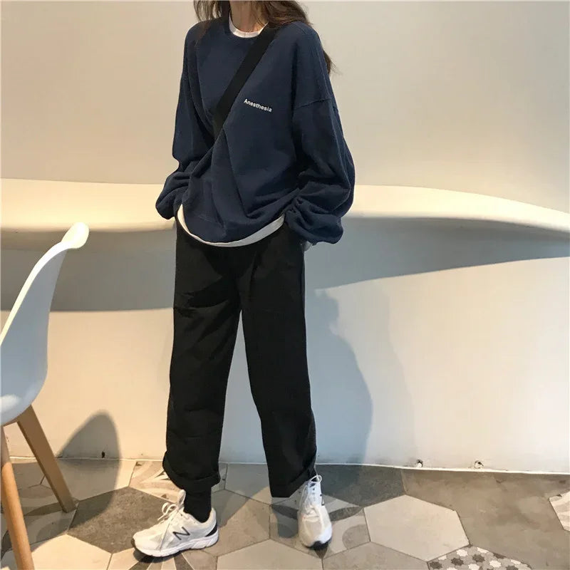 سويت شيرت حروف حريمي صيفي أنيق كوري رفيع أنيق بقلنسوة وقميص بأكمام طويلة وبلوفر فضفاض للنساء ملابس Y2K