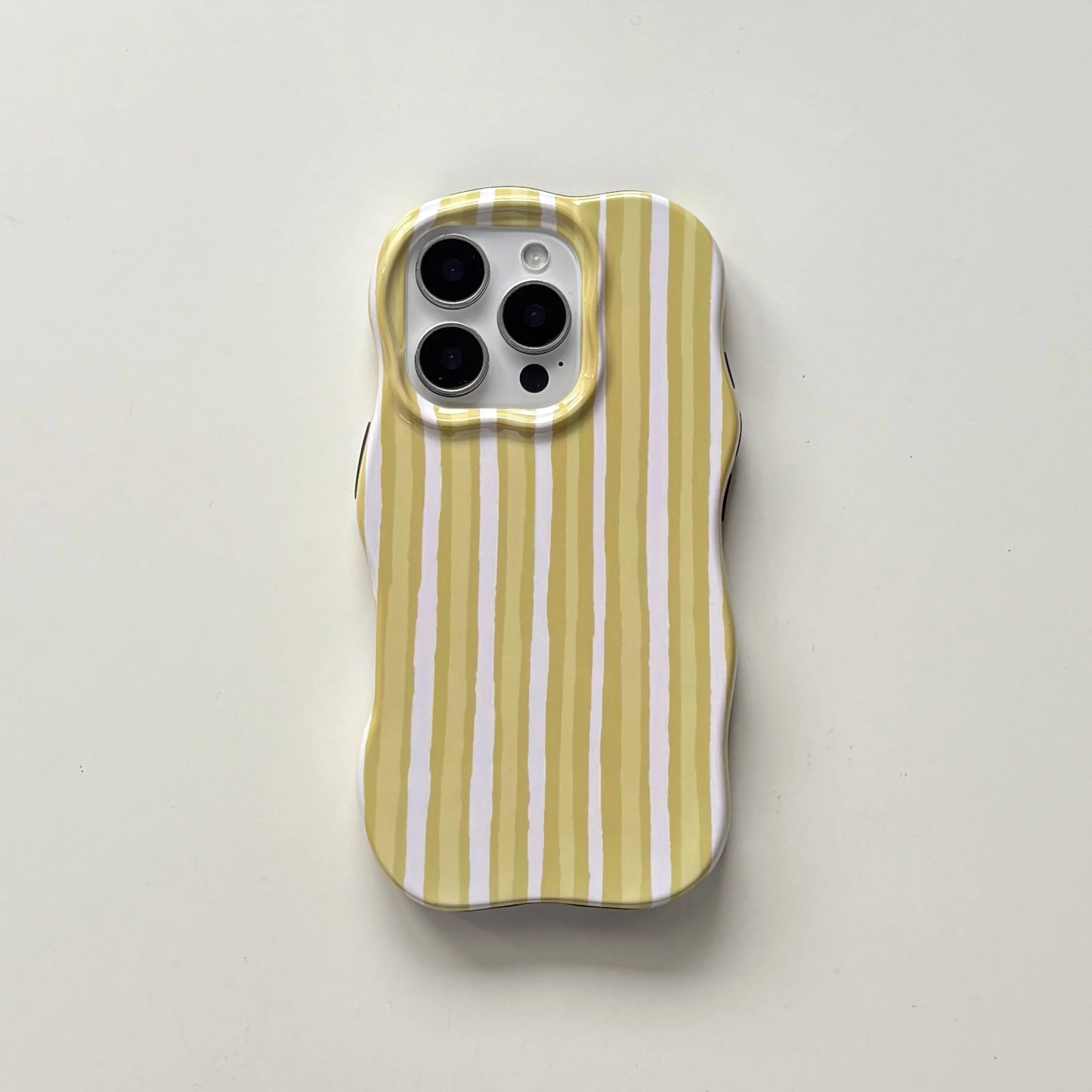 Fashion Simple Green Yellow Stripes Wavy Edges 2-in-1 Glossy Soft Protective Phone Case Cover for iPhone 16 15 14 13 12 Pro Max