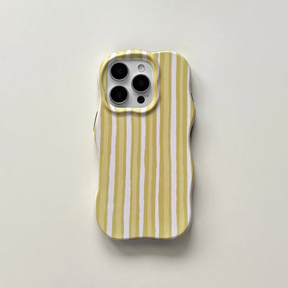 Fashion Simple Green Yellow Stripes Wavy Edges 2-in-1 Glossy Soft Protective Phone Case Cover for iPhone 16 15 14 13 12 Pro Max