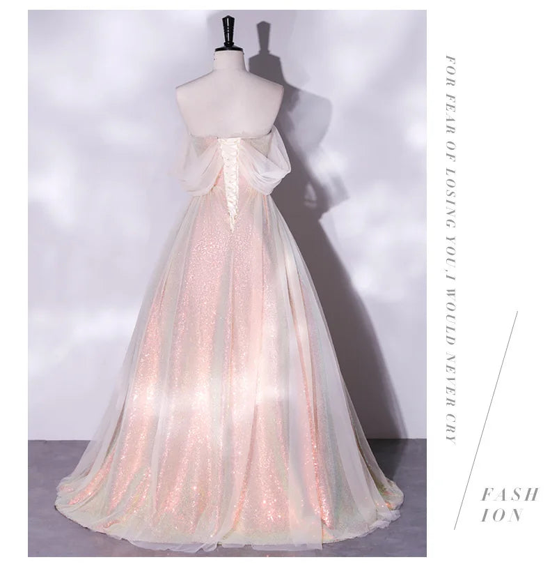 Women's Off The Shoulder Wedding Guest Dress Mesh Evening Party Formal Gown Long Prom Dresses