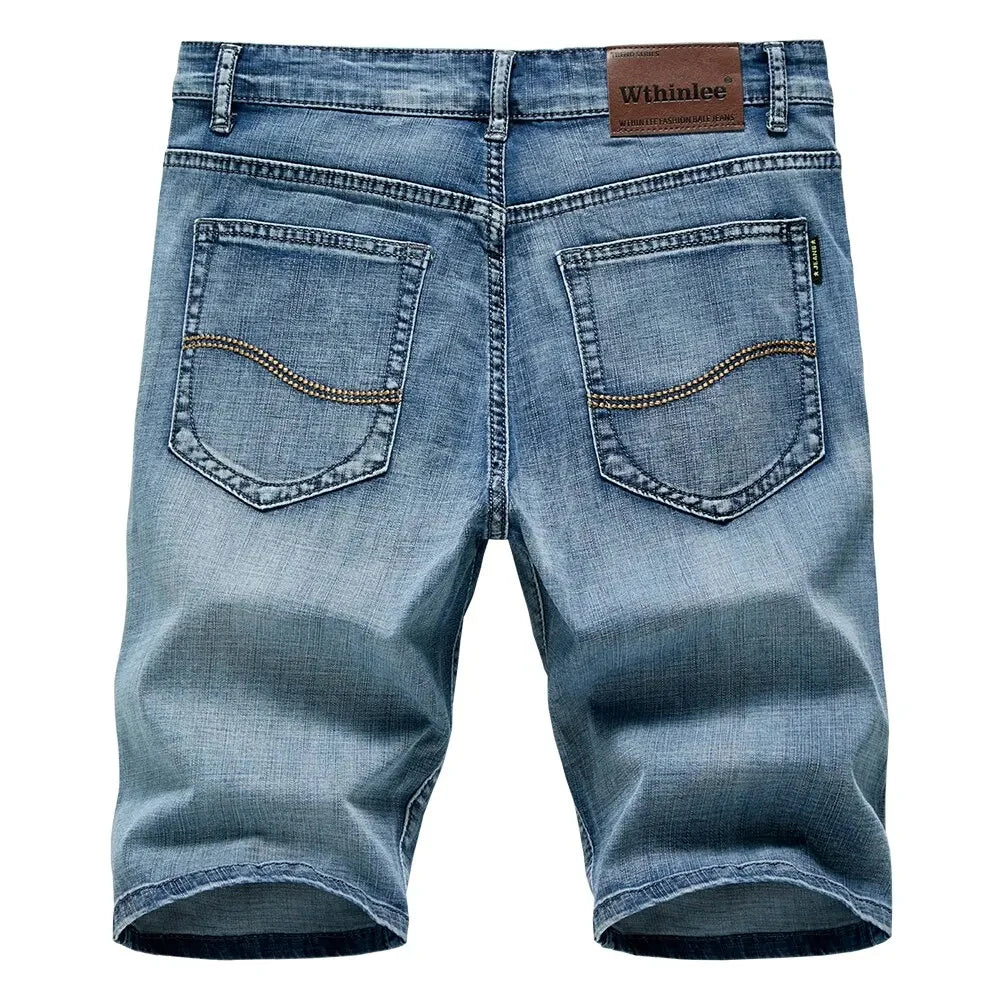 Summer Classic Shorts Jeans Men Denim Pants Straight Stretch Casual Cool  Thin Knee Length Blue Fashion Brand Daily Trousers