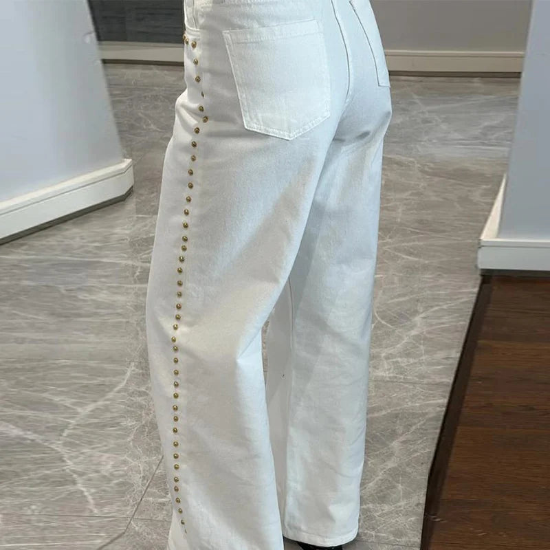 Casual Bead Jean Women Loose High Waisted Pockets Zipper All-match Straight Leg Trouser Female 2025 Y2k High Street Lady Outwear