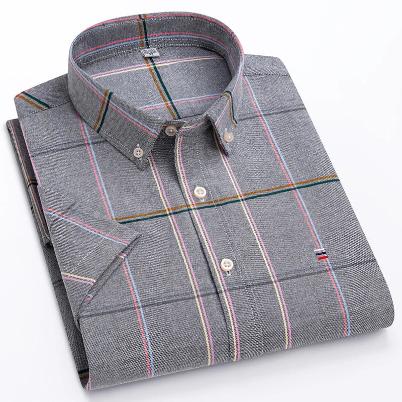 100% Pure Cotton Oxford Shirt For Men’s Short Sleeve Solid Stripe Leisure Embroidered Horse Social Business Formal Dress Shirts