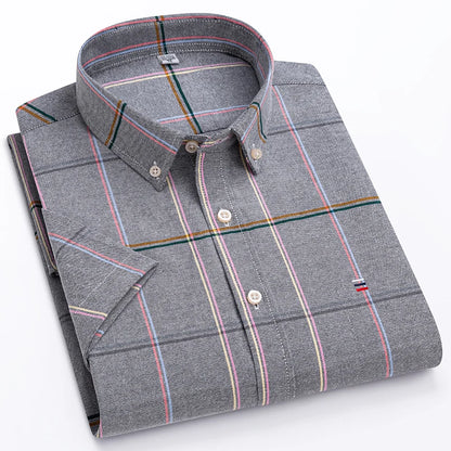 100% Pure Cotton Oxford Shirt For Men’s Short Sleeve Solid Stripe Leisure Embroidered Horse Social Business Formal Dress Shirts