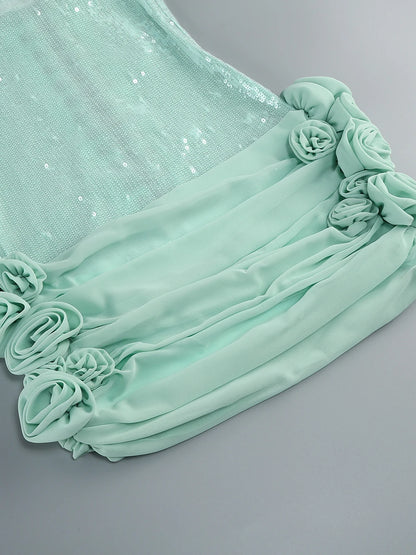 Sequin Sparkly Sexy Mini Dress Sleeveless Backless Tie Up Flower Ruched Prom Dresses Cocktail Evening Gown Wedding Guest Dress